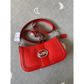 (ผ่อน0%) กระเป๋าสะพายข้าง COACH GEORGIE BAGUETTE 5500 SV/BRIGHT POPPY หนังแท้ สีแดง 8นิ้ว