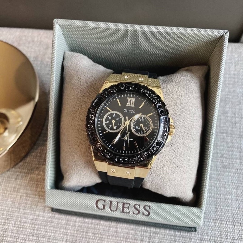 นาฬิกาข้อมือ GUESS Gold-Tone Stainless Steel + Black Stain Resistant Watch U1053L7 สายยางสีดำ ตัวเรื
