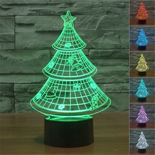 โคมไฟตั้งโต๊ะ LED รูปต้นคริสต์มาส 3D ไล่โทนสี 7 สี ชาร์จ USB