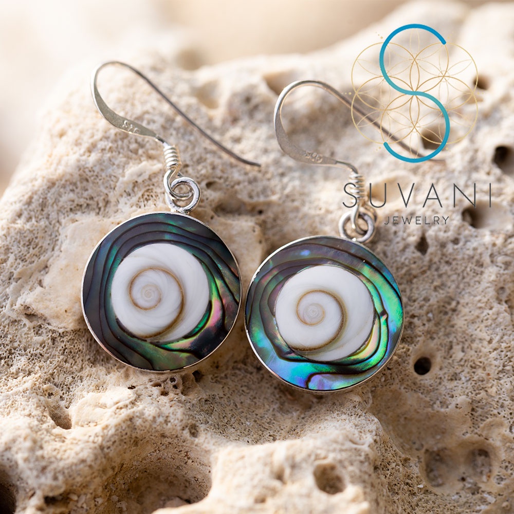 SUVANI เงินแท้ 92.5% ต่างหูเปลือกหอยตาพระศิวะล้อมด้วยเปลือกหอยเป๋าฮือ ต่างหูห้อย เครื่องประดับเงินแท