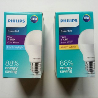 PHILIPS หลอดไฟ LED Bulb 7W รุ่น Essential มีแสง สีขาวCool daylight และ สีส้มWarmwhite