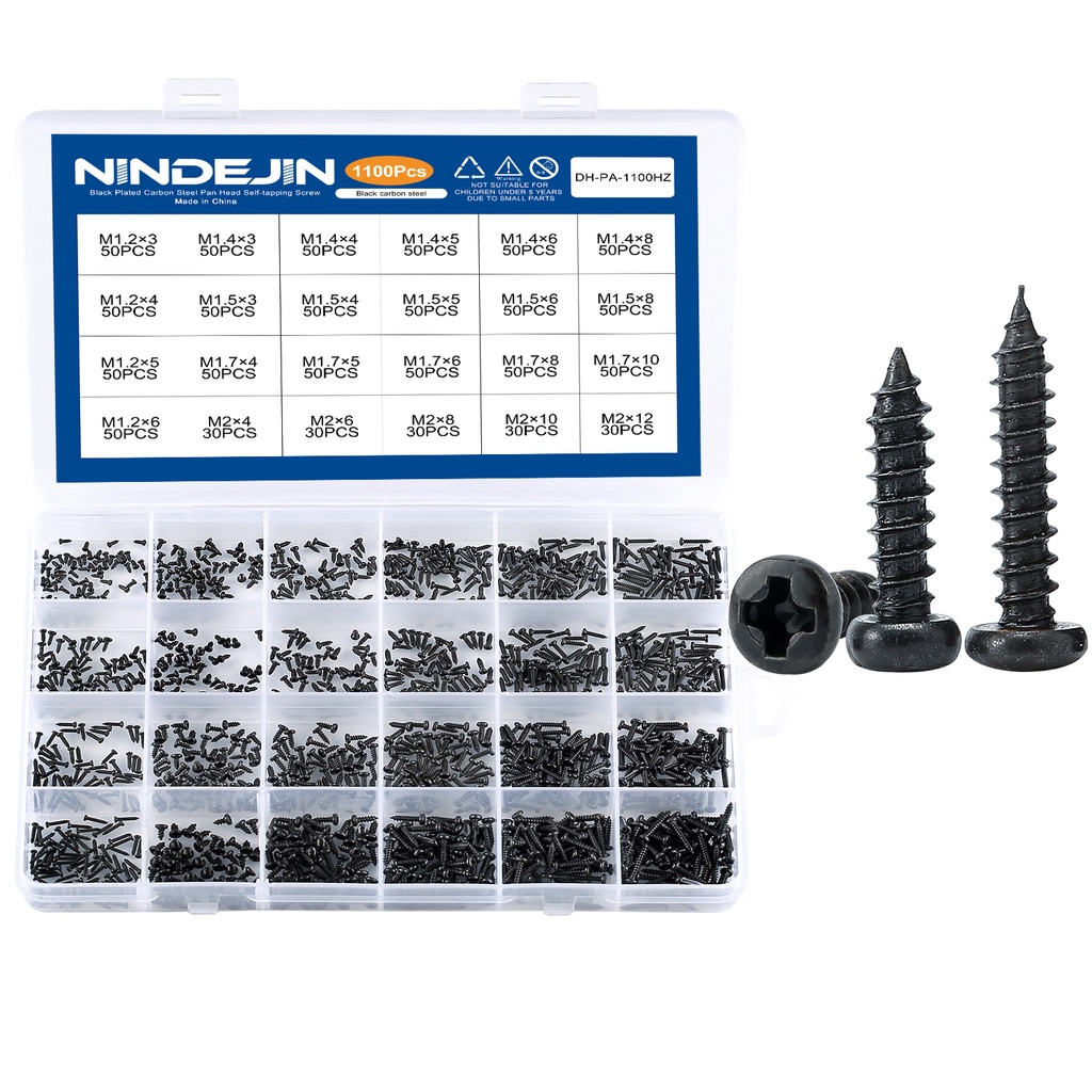 NINDEJIN 1100 pcs สกรูหัวกลมขนาดเล็ก M1.2 M1.4 M1.5 M1.7 M2 สีดำสกรูชุดสกรูคอมพิวเตอร์แล็ปท็อป
