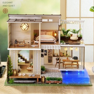 [พร้อมส่ง] บ้านตุ๊กตา DIY ประกอบเอง รุ่น The Elegant House แบบใหม่โมเดิร์นเอเชียน มีฝาครอบกันฝุ่น กล่องดนตรี