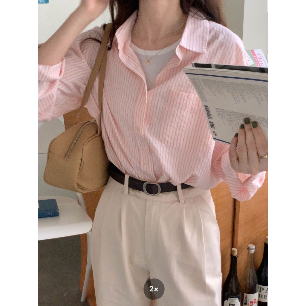 45217 เสื้อเชิ้ต แขนยาว ลายทาง ทรงหลวม สไตล์เกาหลี สําหรับผู้หญิง