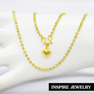 Inspire Jewelry , สร้อยคอลายเม็ดอิตาลี 3min ยาว18นิ้ว ห้อยหัวใจตอกลาย หุ้มทองแท้ 100% พร้อมถุงกำมะหยี่