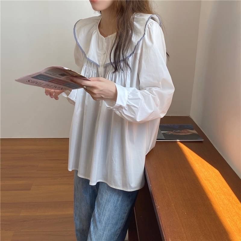 C6093 Lucy shirt เสื้อแขนยาวแต่งระบายช่วงปก