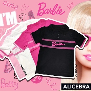 🌟𝗔𝗟𝗜𝗖𝗘𝗕𝗥𝗔🌟เสื้อแขนสั้นไหมพรม ลายBarbie คอปก น่ารักมาก ใส่สบาย