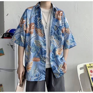Knowyouเสื้อเชิ้ต ฮาวาย สีเขียว-ฟ้า แขนสั้น ชาย หญิง สไตล์เกาหลี เสื้อฮาวาย ผ้านิ่ม ใส่สบาย
