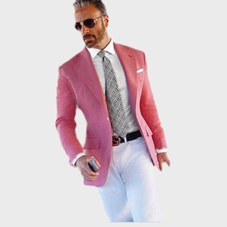 สีชมพูร้อนชุด Blazer อย่างเป็นทางการผู้ชายชุดสีขาวกางเกง Smart Casual ธุรกิจ Terno Slim Fit Tuxedo Coat Jacket