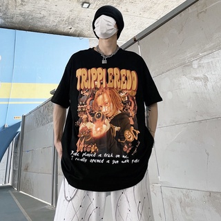 ยุโรปและอเมริกา High Street Tide แบรนด์เสื้อยืดผู้ชายผู้หญิง Trippie Redd เดียวกันพิมพ์แขนสั้น TOP Oversize หลวมทั้งหมดต