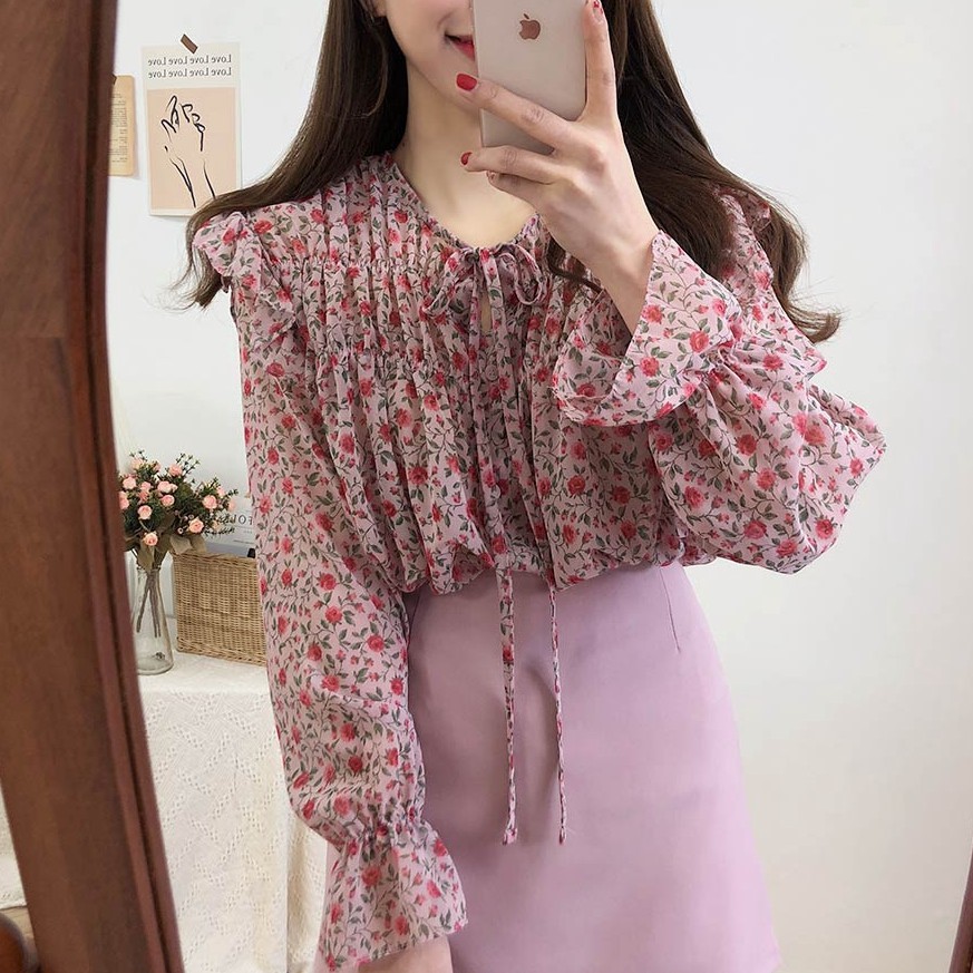 เสื้อเชิ้ตแขนยาว ผ้าชีฟอง ลายดอกไม้ สีสันสดใส สวมใส่สบาย ขายส่ง