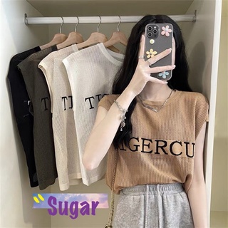 Sugar 🌈พร้อมส่ง🌈เสื้อแขนกุด คอกลม ผ้าตาข่าย โอเวอร์ไซด์ ผ้านิ้มใส่สบาย(51063)