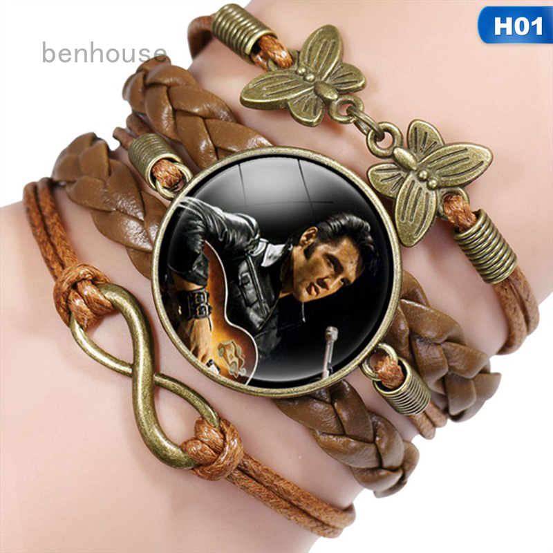 สร้อยข้อมือกําไลข้อมือหนัง cabochon หลายชั้นจี้กระจกดาว elvis presley