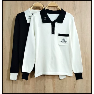 เสื้อไหมพรมคอปก แขนยาว กระเป๋าอกปักลาย