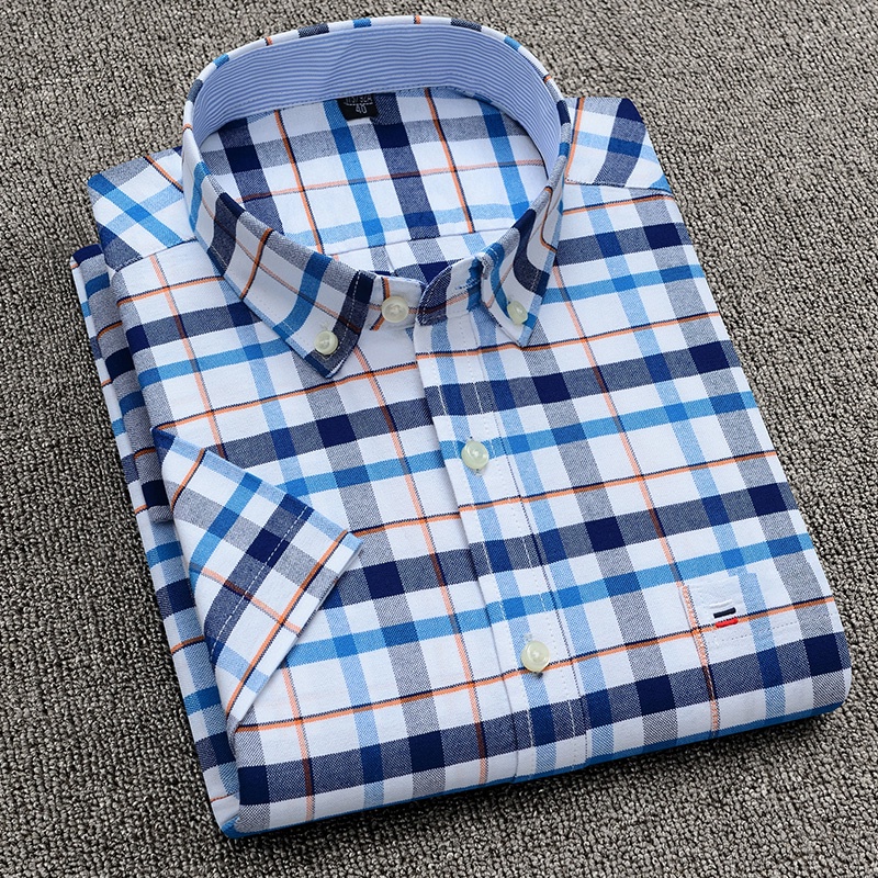 แฟชั่นแขนสั้นผ้าฝ้าย 100% ลายสก๊อตผู้ชายสังคมเสื้อ Slim Fit Plus ขนาด 7xl ปุ่มลง Collar Man เสื้อ