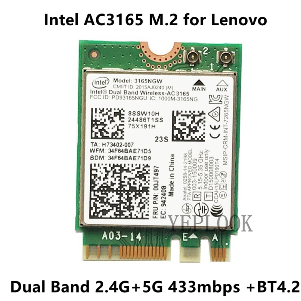 AC3165 3165NGW 2.4G/5G 433Mbps Wifi + BT4.0 M.2 การ์ด WiFi สําหรับ Lenovo E460 E560 โยคะ