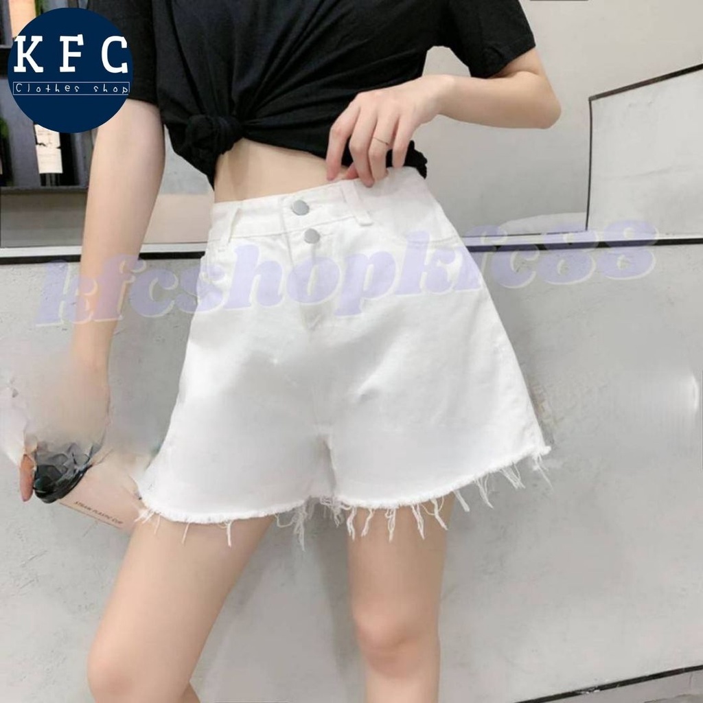 KFC กางเกงยีนส์ขาสั้นเอวสูง ปลายรุ่ย ขากว้าง #22045
