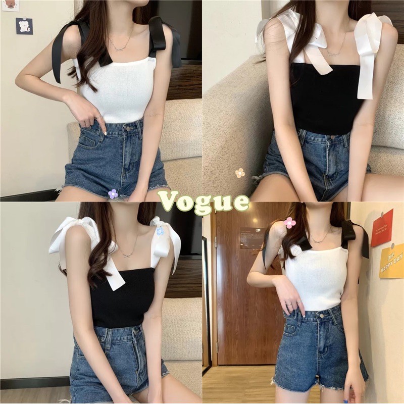 Vogue 🌟พร้อมส่ง🌟เสื้อสายเดี่ยวแบบผูกโบว์ตรงไหล่🍓ร้านโว๊ก(98038)