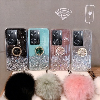 New เคสโทรศัพท์ Oppo A57 2022 / A77 5G / A96 4G / A76 Luxury with Finger Ring Holder Hair Ball Hand Rope Cover เคส OPPO A57 OppoA77 Bling Transparent Soft Case