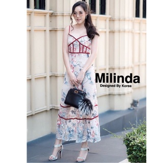 :: Milinda (มิลินดา)   Detail :: แม็กซี่เดรสสายเดี่ยวด้านหลังสายไข้วกันเสริมอก ตัดเย็บด้วยผ้าลูกไม้ปักลายดอกไม้ทั้งชุด