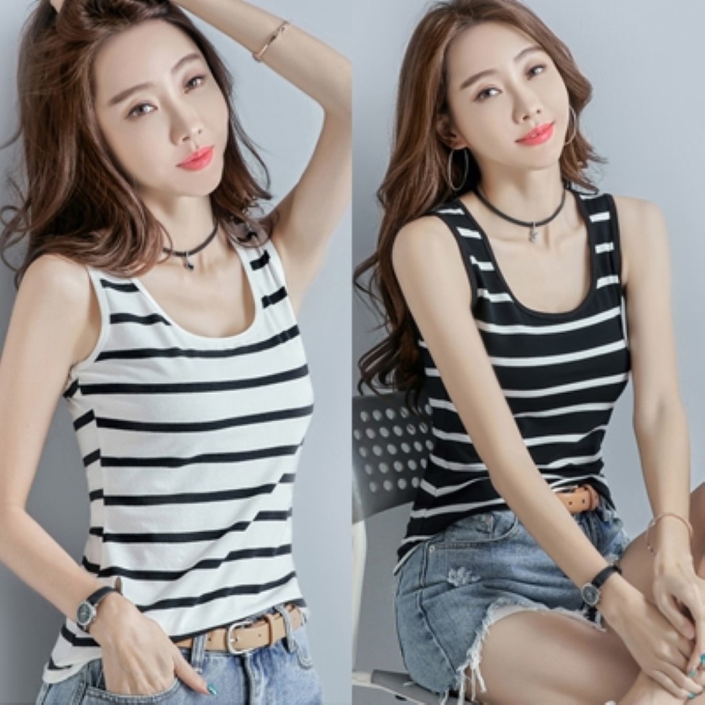 ส่งไว สต็อกไทย เสื้อกล้าม คอกลมลึก ลายริ้ว ผ้าสกูบ้ายืด ใส่สบาย มี 2 สี