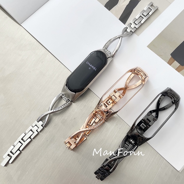 X รูปร่างเพชร Bling สายโลหะสําหรับ Xiaomi Mi NFC Band 10 9 8 7 6 5 4 3 สร้อยข้อมือสําหรับ MIband 8 9 Pro Link เข็มขัดข้อมือ