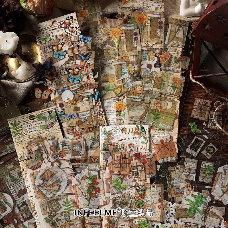 6 ชิ้นสไตล์วินเทจป้ายสติกเกอร์ Washi ชุดตกแต่งธรรมชาติผีเสื้อ Retro ดอกไม้ Decals สําหรับ Art Journaling Scrapbooking