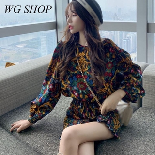 Wg SHOP พร้อมส่ง ชุดเดรสกระโปรง เอวสูง เข้ารูป ลายดอกไม้ เหมาะกับฤดูใบไม้ผลิ สําหรับสตรี