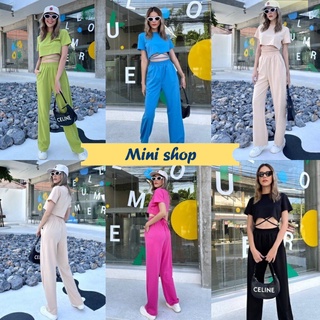 Mini shop🌸พร้อมส่ง🌸 (DX-1127)  ชุดเซ็ต เสื้อครอปแขนสั้น+ กางเกงขายาว สีจี๊ดจ๊าด ต้อนรับซัมเมอร์ 09