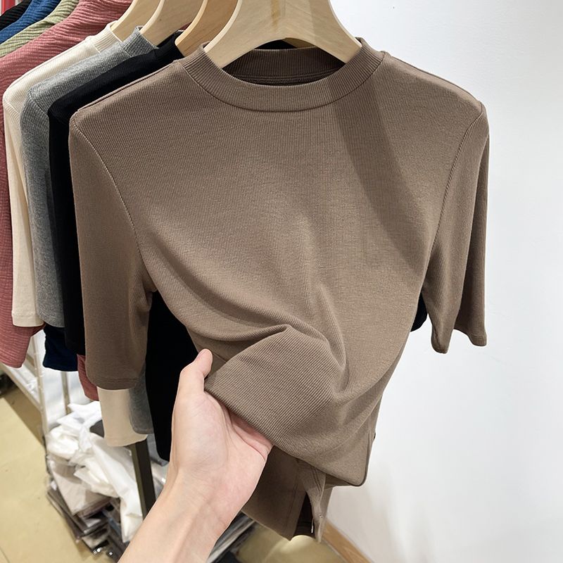 เสื้อยืดสีพื้น วีวินเทจ ฤดูร้อนเกาหลีสําหรับผู้หญิง