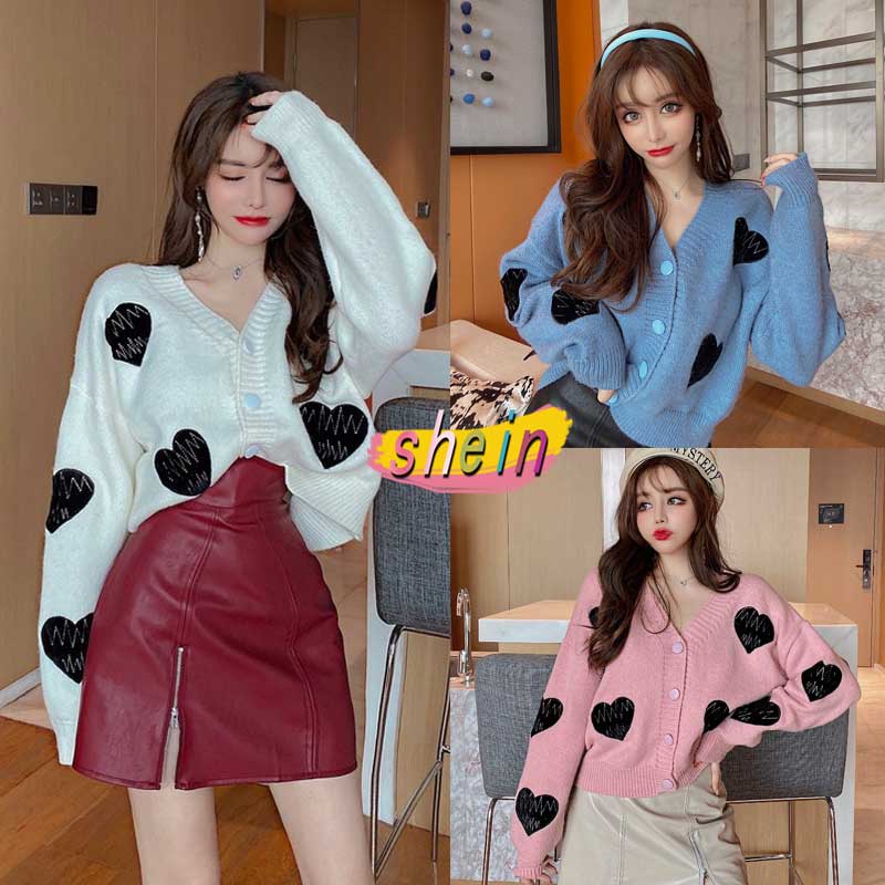 Cuties 50025 เสื้อกันหนาวผู้หญิง ทรงหลวม เสื้อคาร์ดิแกนกันหนาว /ลายรัก เนื้อผ้าหนานุ่ม สไตล์เกาหลี
