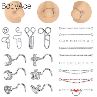 Bodyace 10-16 ชิ้น / ล็อต หัวใจ ดวงจันทร์ ไขว้ จมูก กระดุม พร้อมโซ่ เหล็กผ่าตัด เจาะจมูก สําหรับผู้หญิง เจาะจมูก แหวน