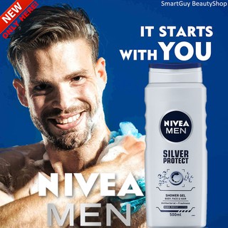 NIVEA MEN SILVER PROTECT SHOWER GEL 500ML ผลิตภัณฑ์ทำความสะอาดเส้นผม ผิวหน้า ผิวกาย สูตรพิเศษจากนีเวียเม็นสำหรับผู้ชาย