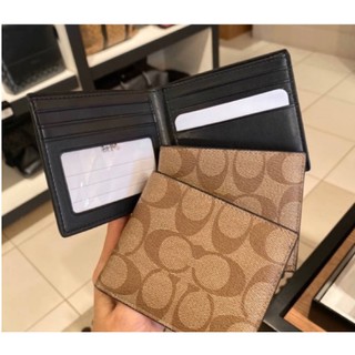 พร้อมส่ง แท้ 🇺🇸💯% New Coach กระเป๋าสตางค์ ผู้ชาย รุ่น ID BILLFOLD WALLET IN SIGNATURE CANVAS F66551 TAN