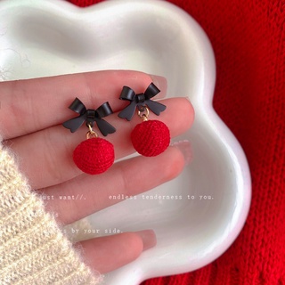 925 silver needle bow wool ball earrings French simple temperament earrings New Years festive simple autumn and winter