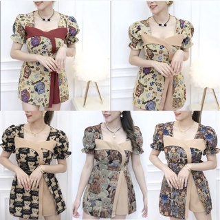 พร้อมส่ง จั้มสูทผ้าทอแขนตุ๊กตาพองๆ ขาสั้น ซิปหลัง งานสั่งตัดเป๊ะปังมากข