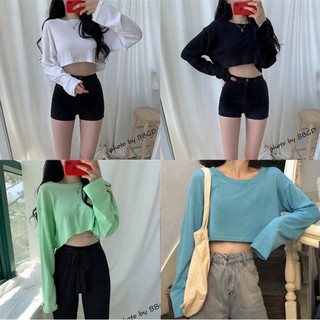 Women Korean Fashion Solid Color Crop Top T-shirts Loose Wild Long Sleeve Basic Tees