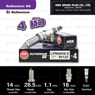 NGK หัวเทียนขั้ว Ruthenium LFR6AHX-S 4 หัว ใช้สำหรับรถยนต์ Toyota Fortuner 2.7L ’05, Hilux Vigo 2.7L, In - Made in Japan