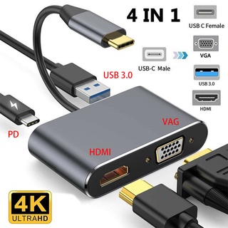 【ประเทศไทยพร้อมส่ง】4In1： TypeC USB C to VGA+USB3.0+PD+เอชดีเอ็มไช อะแดปเตอร์ตัวแปลงสําหรับ Notebook Laptop