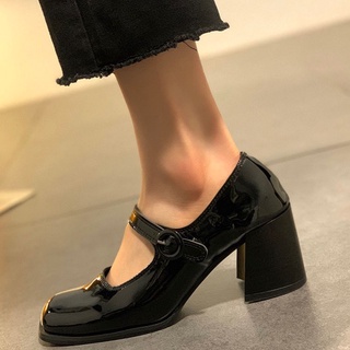 รองเท้าหนังส้นหนาย้อนยุคสีดำผู้หญิงสไตล์ฝรั่งเศสใหม่กับกระโปรงรองเท้าแมรี่เจนรองเท้า