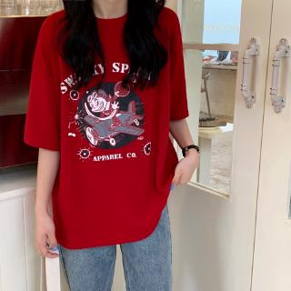 เสื้อยืดสีขาวWomen Korean Cartoon Shook and Beta Printed Bigsize Short Sleeve Ulzzang T-Shirts