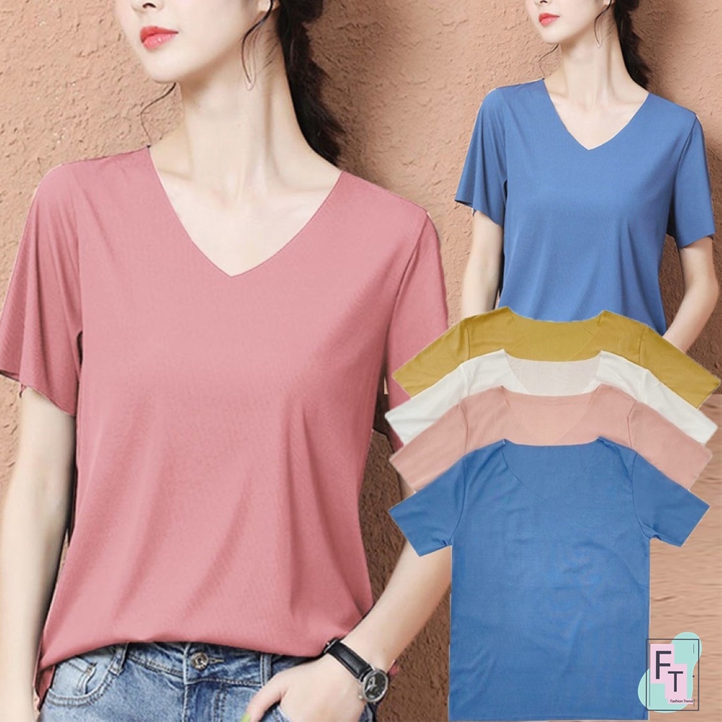 FT อินเทรนด์ เสื้อยืดคอวีแขนสั้น สีพื้น 6 สี ไร้ขอบ ผ้านิ่ม ยืด 2 ไซส์