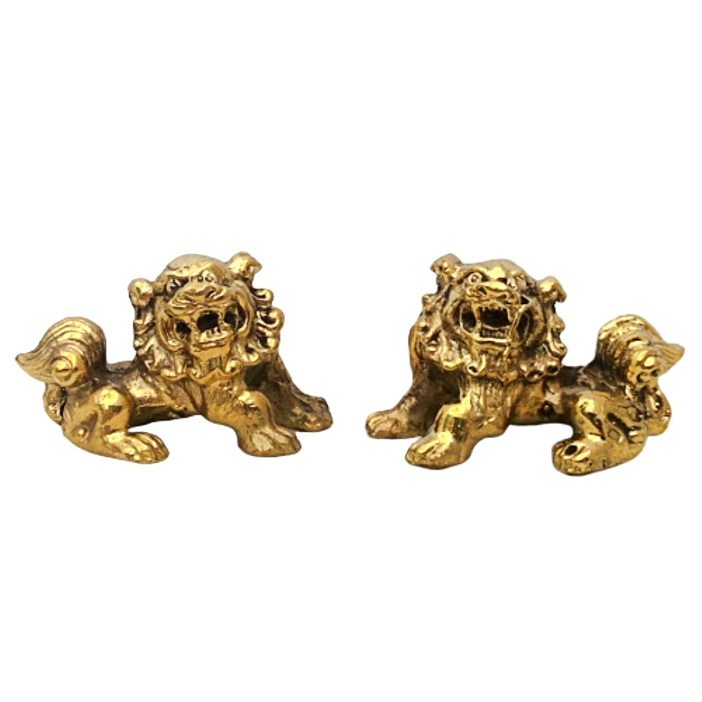 สิงห์คู่ สิงห์โตมงคล สิงโตจีน คู่ สัตว์มงคลเสริมฮวงจุ้ยโชคลาภมั่งคั่งร่ำรวย วัสดุทองเหลืองสีทอง สูง 1.2 นิ้ว