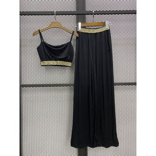ชุดเซต2ชิ้น เสื้อครอป สายเดี่ยว+กางเกง ขายาว เองสูง
