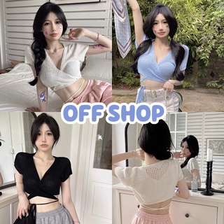 OFF SHOP พร้อมส่ง (OFF-88918)   เสื้อไหมพรมทางครอปสั้น ดีเทลผูกเอวสุดเซ็กซี่