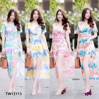 &lt;TW12113&gt;Jumpsuit จั้มสูทขาสั้น ก้านแก้วลายมัดย้อมผ้าสปัน มีซิปหลัง งานใส่สบาย ไม่ร้อน ไม่อึดอัด