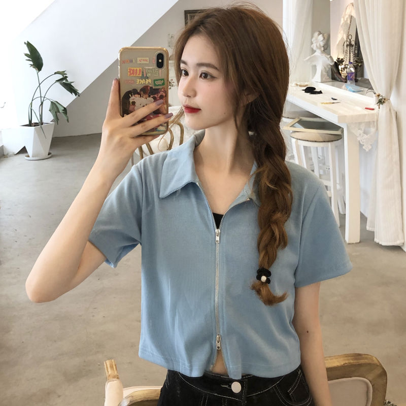 เสื้อยืดแขนสั้นมีซิปสไตล์เกาหลีสําหรับผู้หญิง