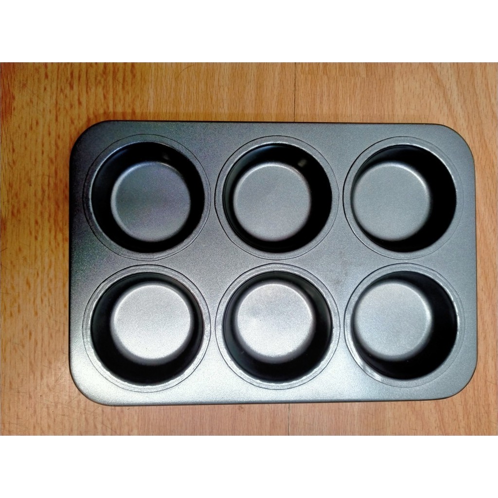 ถาดหลุมอบมัฟฟิน 6 หลุม ขนาด 26.8 × 18.2 เซนติเมตรสูง 2.8 เซนติเมตร เทฟล่อน ถาดหลุม ถาดอบขนม