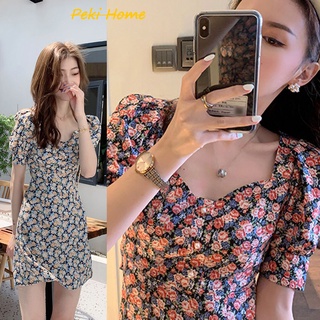 🎀 💖เดรสผ้าฝ้ายลายดอกสวยๆโชว์สะโพกเล็กน้อย มินิเดรสสไตล์สาวเกาหลี มินิเดรสแขนสั้นลายลูกไม้น่ารักๆ เดรสผ้านิ่ม