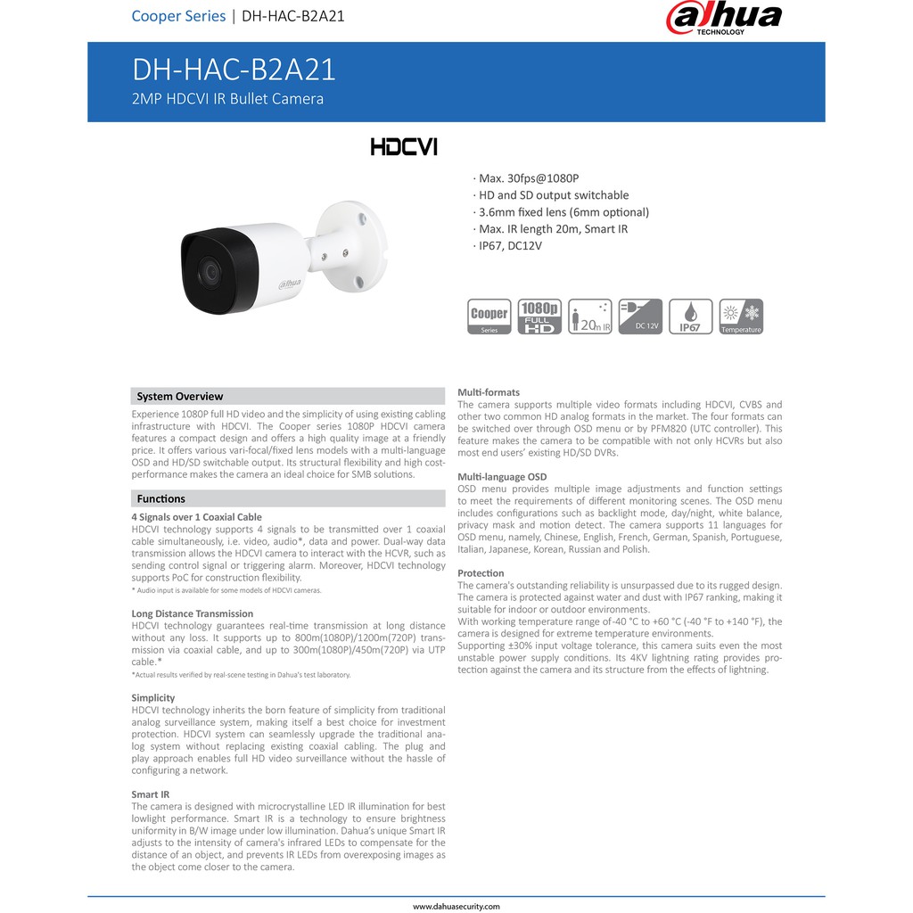 Dahua กล้องวงจรปิด Analog 2MP รุ่น HAC-B2A21 (HAC-B2A21P) เลนส์ 3.6mm จำนวน 4 ตัว